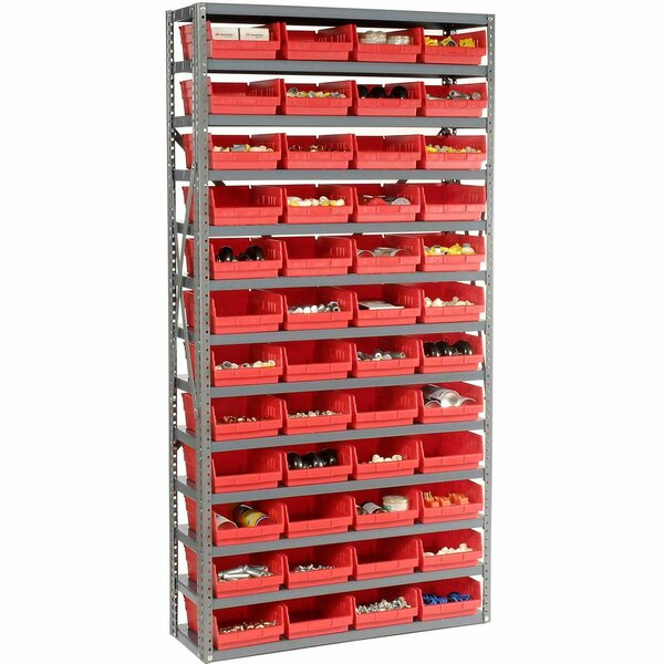 Global Industrial Steel Shelving with 48 4inH Plastic Shelf Bins Red, 36x12x72-13 Shelves 603439RD